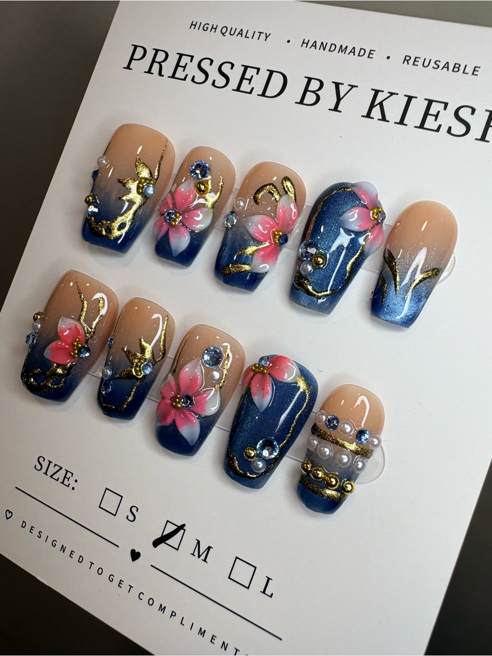 Nude & Navy Pressed Floral Nails with Gold Accents